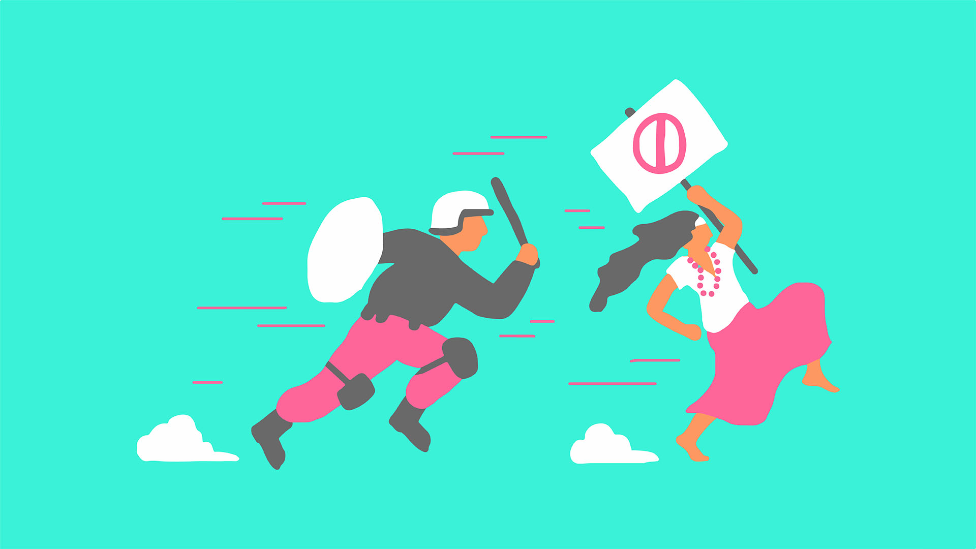 Illustratie van een vrouw met een protestbord die wegrent voor een politieagent met een wapenstok.