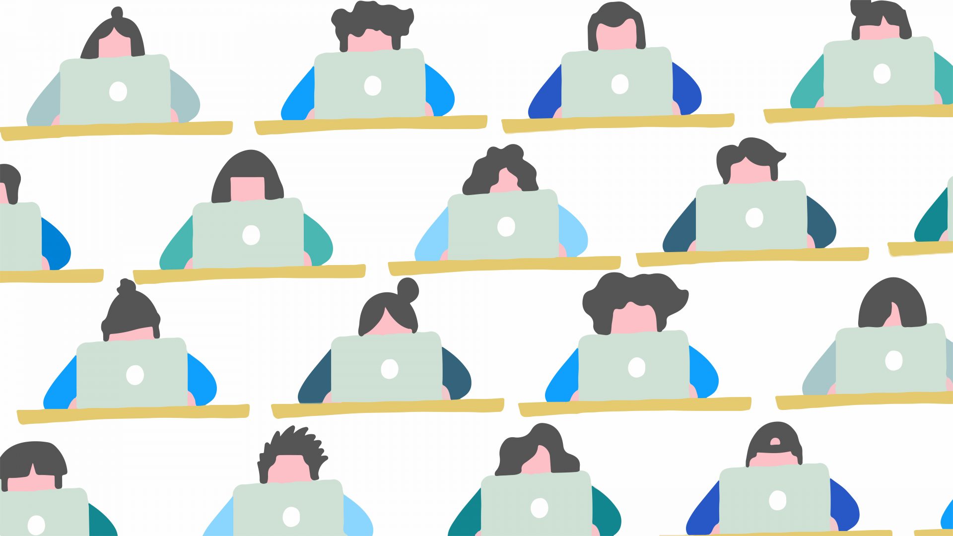 Illustratie van meerdere mensen die achter laptops aan tafels zitten, in rijen herhaald, met verschillende kapsels en kleding op een witte achtergrond.